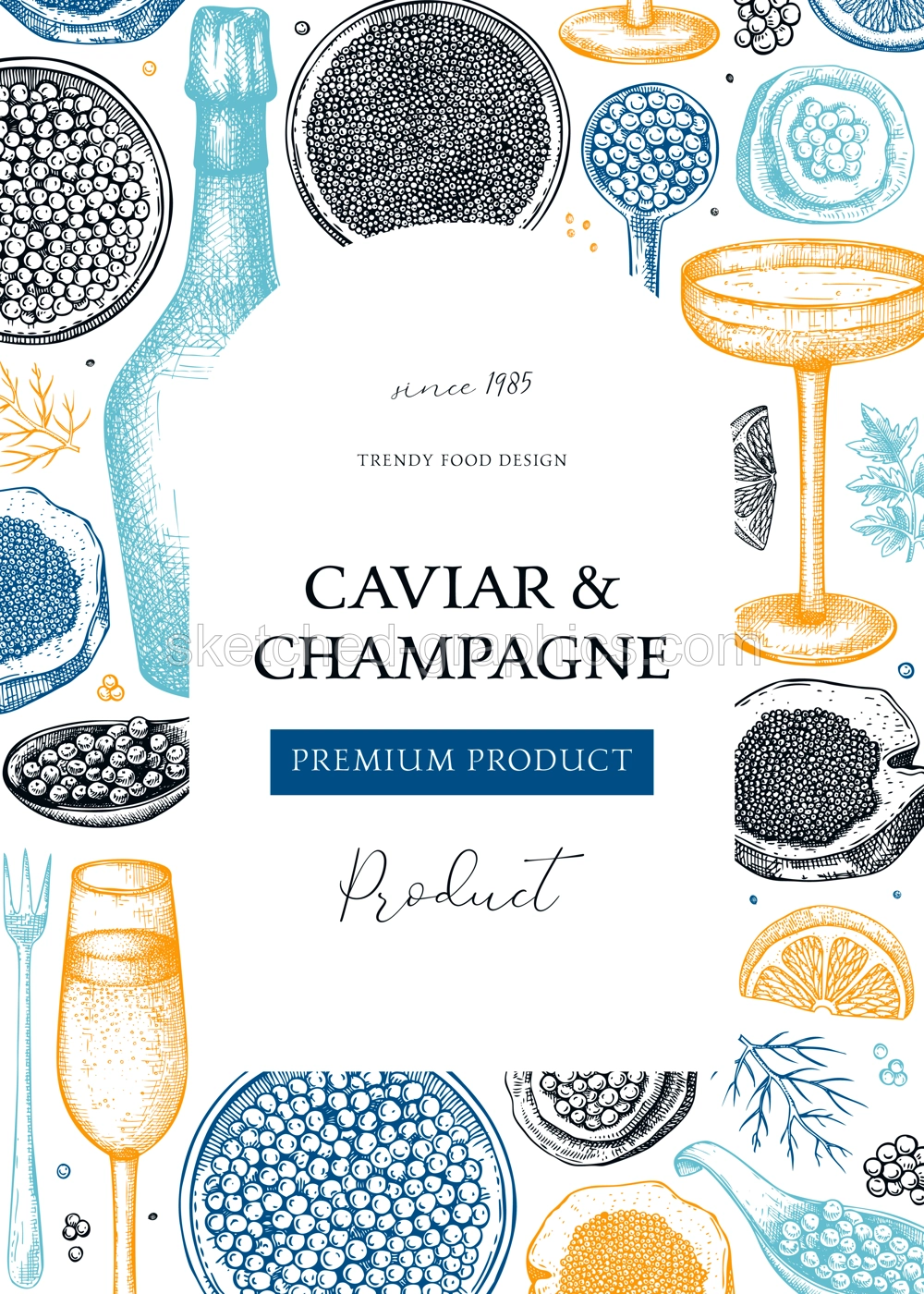 Caviar and champagne artistic frame design. Hand drawn menu  template with red caviar canape, canned black caviar, sparkling wine bottle, glasses sketches. Seafood background in color Illustration